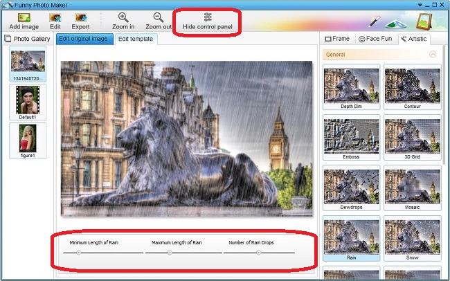 Edit the minimum length, maximum length and the number of the rain with Funny Photo Maker.